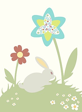 復(fù)活節(jié)插畫與花蛋和兔子