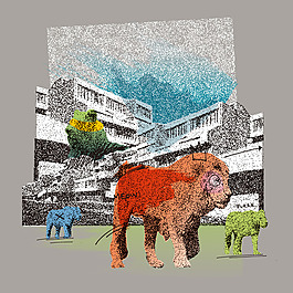 印花矢量圖 動物 獅子 建筑 樓房 免費(fèi)素材
