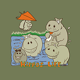 印花矢量圖 卡通 卡通動物 河馬 植物 免費(fèi)素材