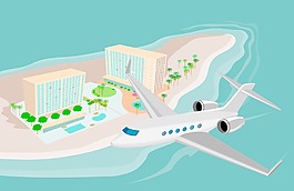 飛機(jī)飛行在海灘度假村