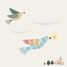 印花矢量圖 可愛卡通 卡通動物 鳥 建筑 免費素材