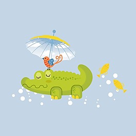 印花矢量圖 可愛卡通 卡通動物 鱷魚 小鳥 免費素材