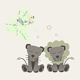 印花矢量圖 可愛卡通 卡通動物 獅子 鳥 免費素材