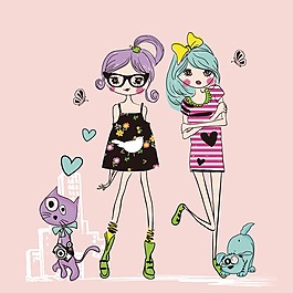 印花矢量圖 可愛卡通 卡通人物 女孩 色彩 免費(fèi)素材