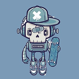印花矢量图 卡通 卡通人物 机器人 滑板 免费素材