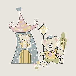 印花矢量圖 可愛卡通 卡通動物 熊 建筑 免費素材