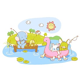 印花矢量圖 可愛卡通 卡通動物 大象 貓 免費素材
