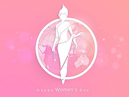三八妇女节贺卡或海报上闪亮的粉色和橙色背景的女孩插画设计