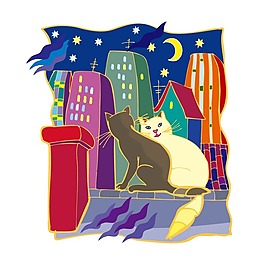 印花矢量圖 T恤圖案 動物 貓 建筑 免費素材