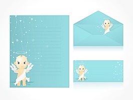卡通小孩在绿色圣诞信头、信封
