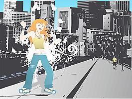向量上跳舞的女孩花垃圾城市background_2