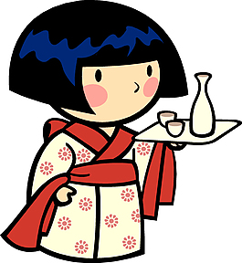 端酒的日本小女孩插画