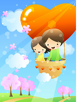 坐著心形熱氣球的兒童插畫(huà)