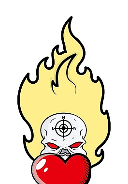 恐怖的骷髏紋身火焰和心臟-卡通插畫矢量