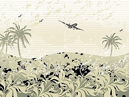 在棕櫚樹下高空飛行的飛機(jī)
