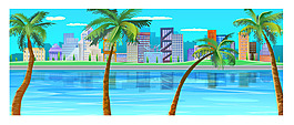 夏日都市景观风景插画