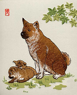 繡花 小狗 十二生肖 草地 樹葉 免費素材