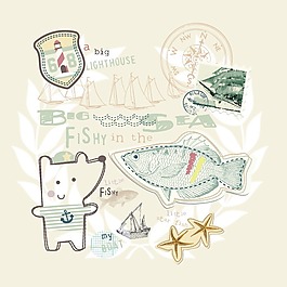 印花矢量圖 可愛卡通 卡通動物 小狗 魚 免費素材