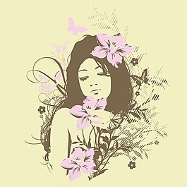 印花矢量圖 人物 女人 花紋 花朵 免費素材