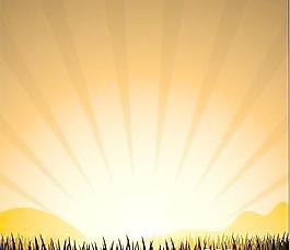 日落放射光芒小草剪影等元素