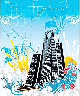潮流花紋與建筑矢量圖下載