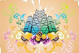 潮流花紋與建筑矢量圖下載