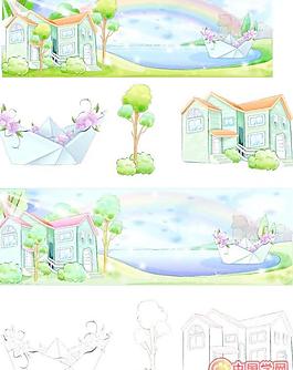 夏日風情風景矢量圖下載