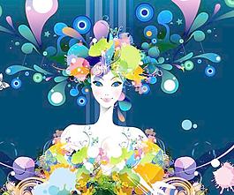 彩墨花纹美女矢量图下载