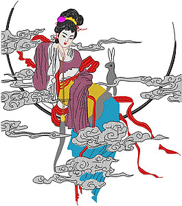 绣花 古代美女 女人 云朵 兔子 免费素材