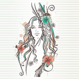 印花矢量图 人物 女人 花朵 线条 免费素材