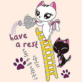 印花矢量圖 可愛卡通 卡通動物 小貓 樓梯 免費素材
