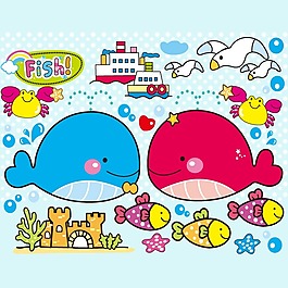 印花矢量圖 可愛卡通 卡通動(dòng)物 海豚 魚 免費(fèi)素材
