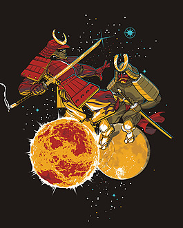 位圖 插畫 日本武士 星球 太空 免費素材