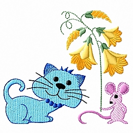 绣花 小猫 老鼠 花朵 免费素材