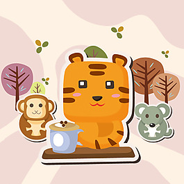 印花矢量圖 可愛卡通 卡通動物 老虎 猴子 免費(fèi)素材