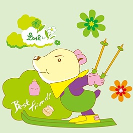 印花矢量圖 可愛卡通 卡通動物 小熊 花朵 免費(fèi)素材
