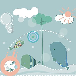 印花矢量圖 可愛卡通 卡通動物 魚 大樹 免費素材