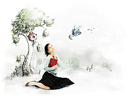 大树小鸟插画与美女