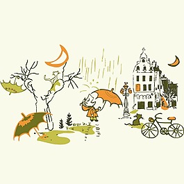 印花矢量圖 可愛卡通 大樹 教堂 雨滴 免費素材