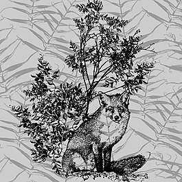 印花矢量圖 動物 狐貍 樹枝 樹葉 免費素材
