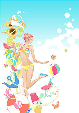 夏日沙灘美女插畫(huà)矢量素材