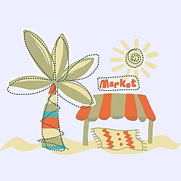 印花矢量圖 可愛卡通 卡通植物 椰樹 涼亭 免費素材