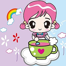 印花矢量圖 卡通人物 女孩 茶杯 云朵 免費素材