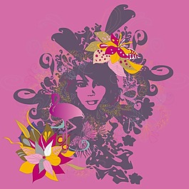 印花矢量圖 人物 女人 植物花紋 色彩 免費素材