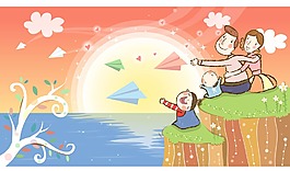 河邊玩耍的一家人