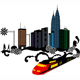 印花矢量圖 建筑 高樓 人物簡影 人物剪影 免費素材