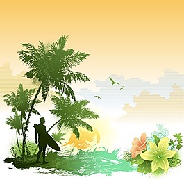 印花矢量圖 椰樹 色彩 黃色 綠色 免費素材