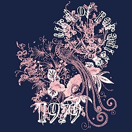 印花矢量圖 優(yōu)雅植物花卉 色彩 深藍(lán)色 粉紅色 免費(fèi)素材