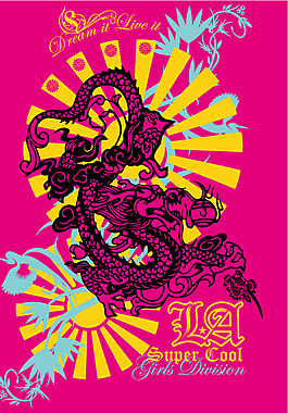 印花矢量圖 英文 龍 花 紅色 免費素材