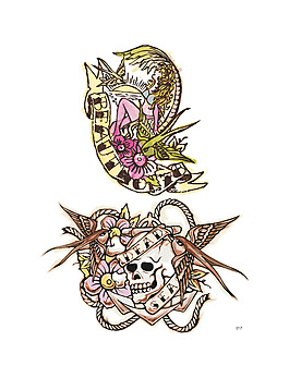 印花矢量圖 抽象 骷髏 美女 鳥 免費(fèi)素材